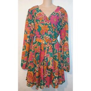 Baltic Born Orange Pink Green Floral Print Long Sleeve Mini Dress New XL  D121